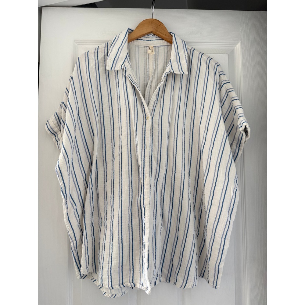 Pact Womens Organic Gauze Cotton Button Down Boxy Blouse Coastal Beach Light